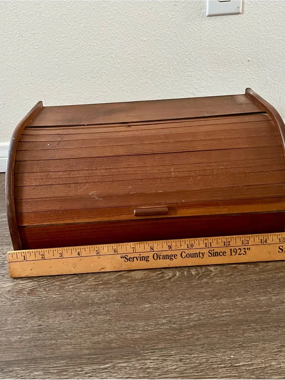 Vintage Wooden Roll-Top Bread Box in Brown